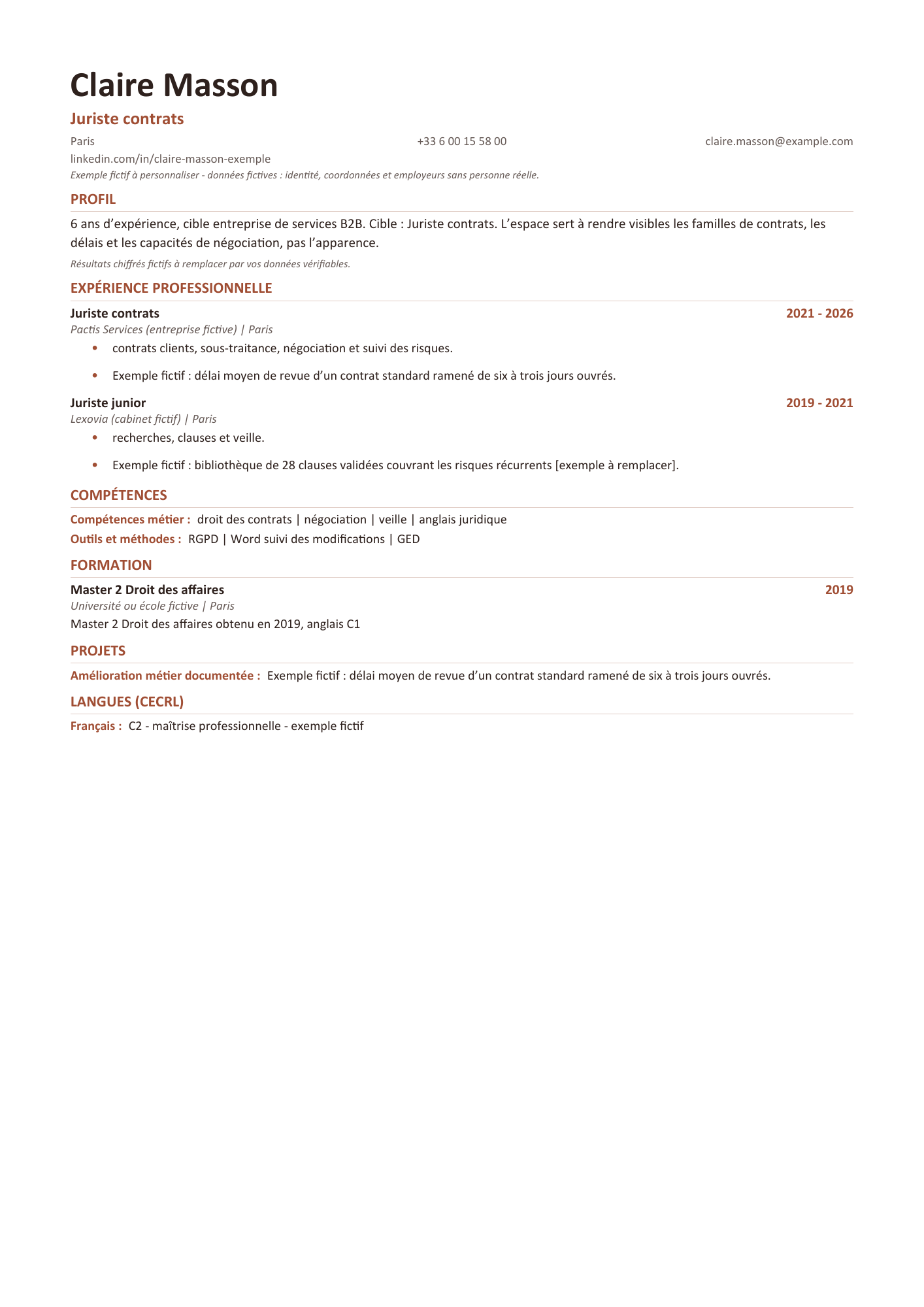 Aperçu — CV sans photo — juriste contrats