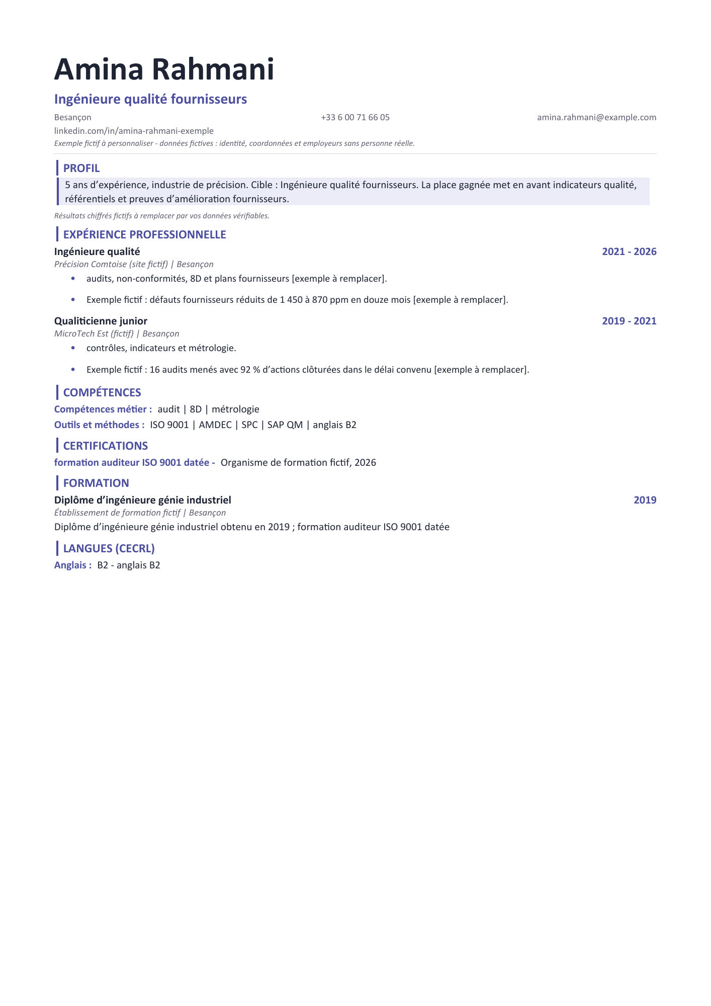 Aperçu — CV sans photo — ingénieure qualité
