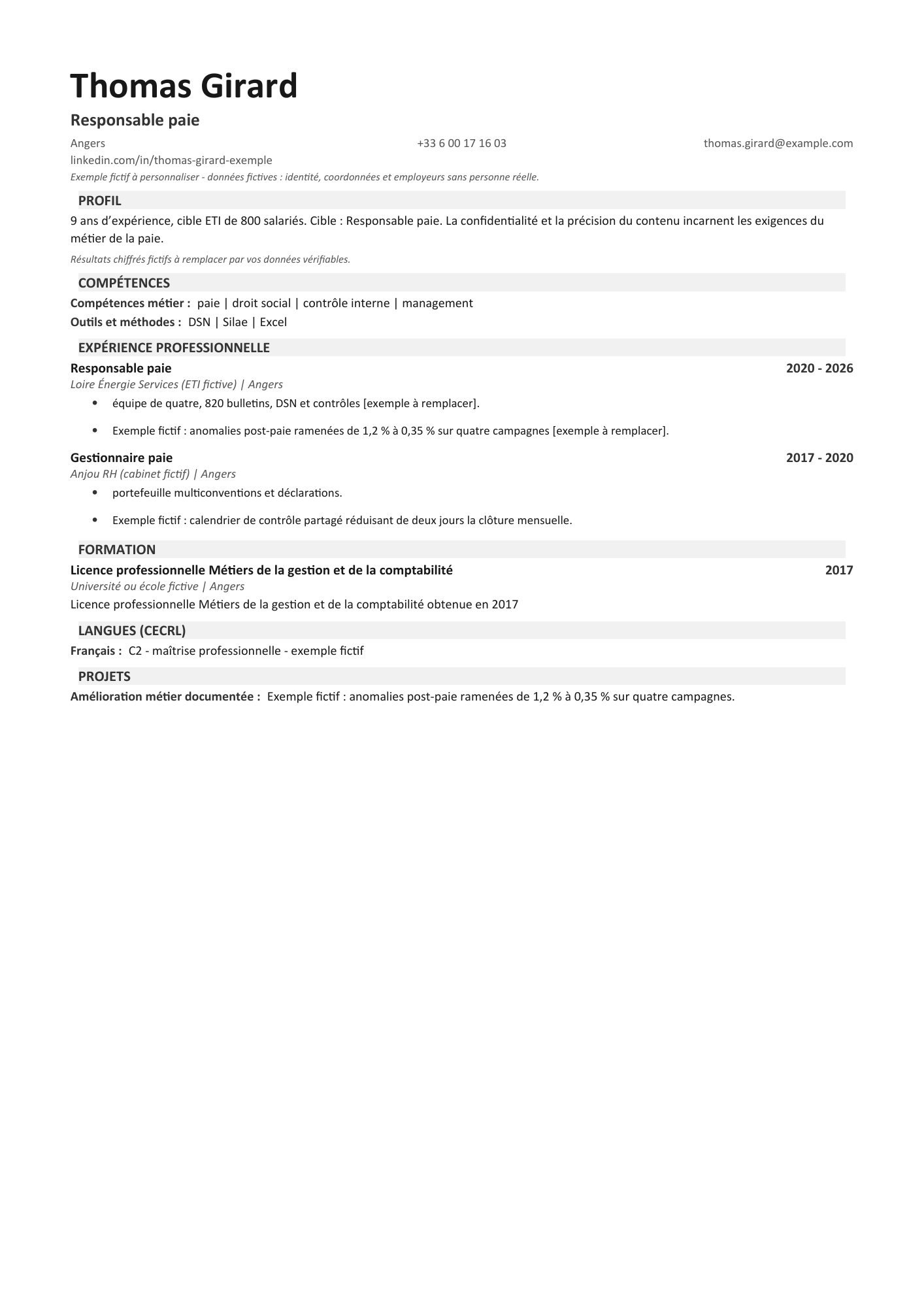 Aperçu — CV sans photo — responsable paie