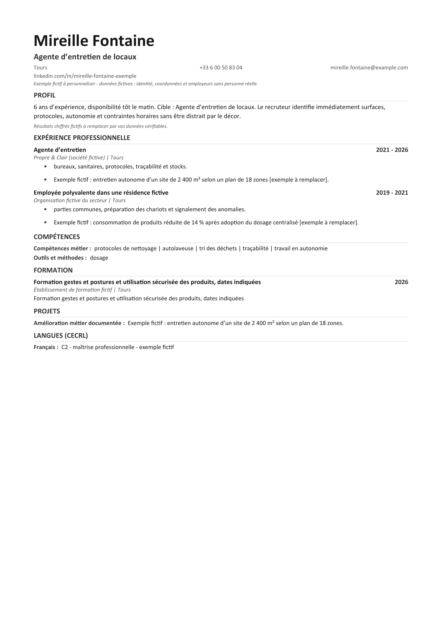 Aperçu — CV simple — agent d’entretien