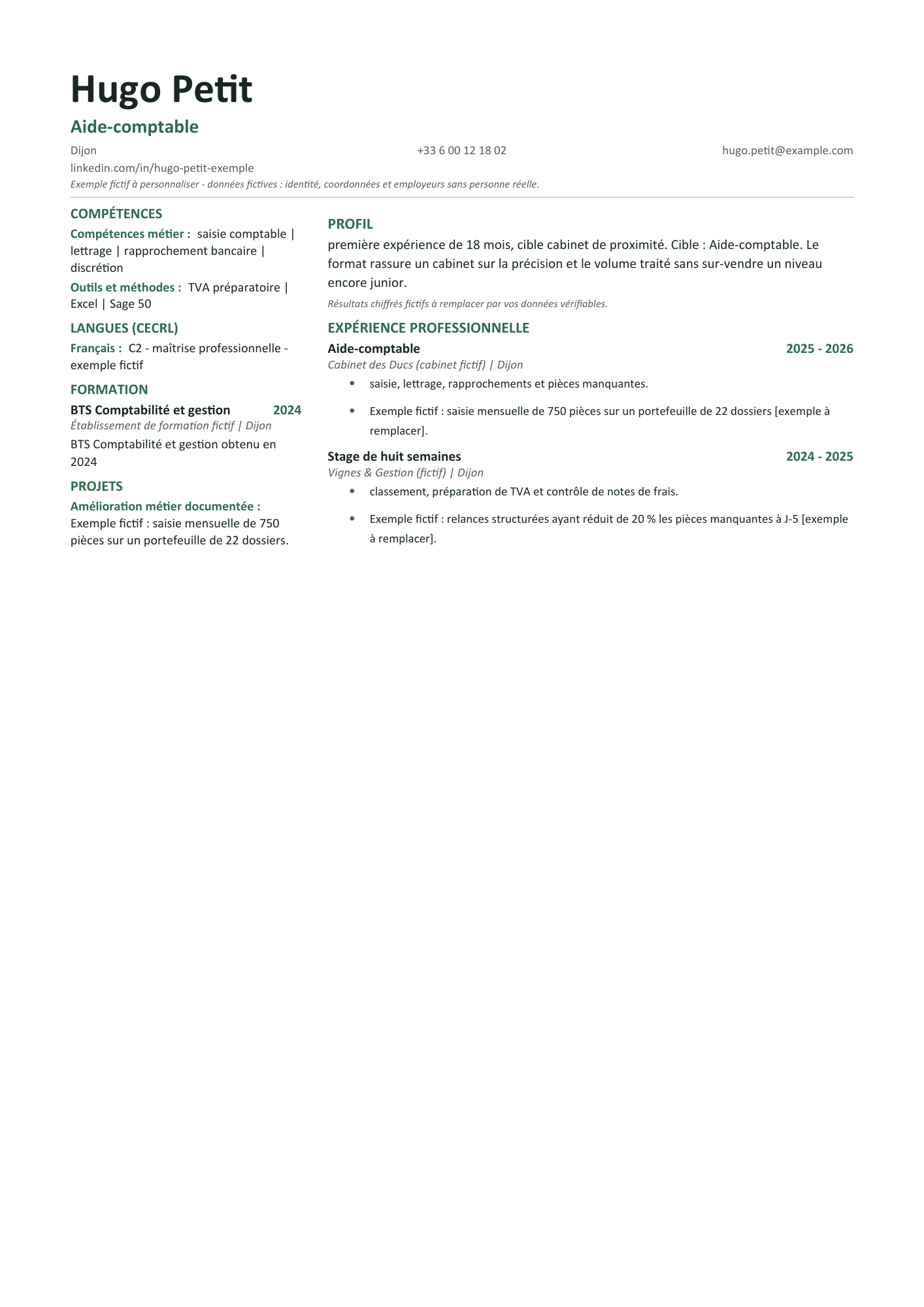 Aperçu — CV simple — aide-comptable