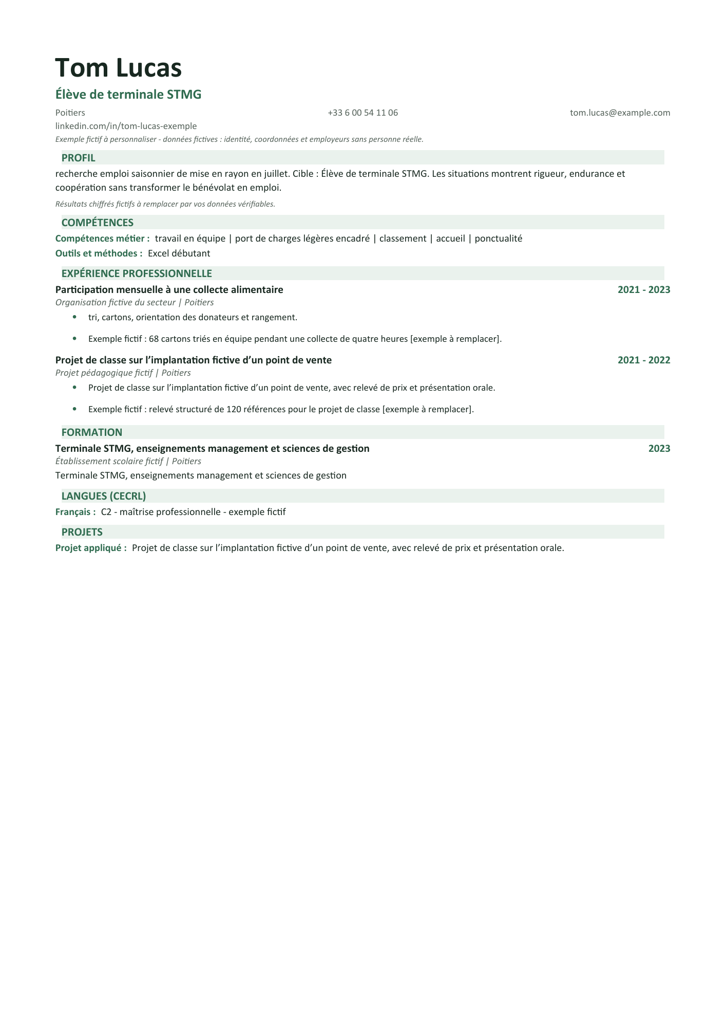 Aperçu — CV lycéen — job d’été en supermarché