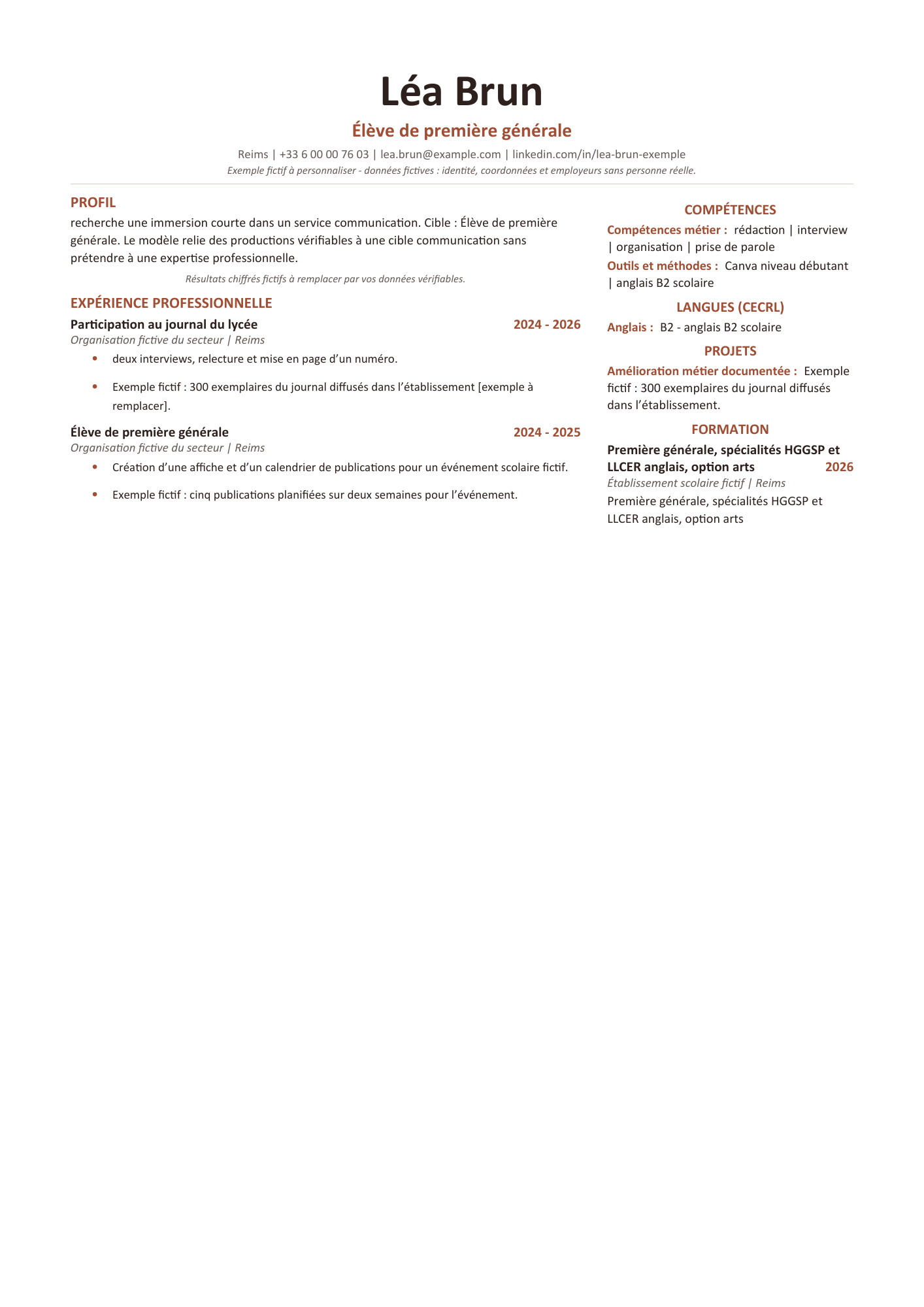 Aperçu — CV lycéenne — immersion communication