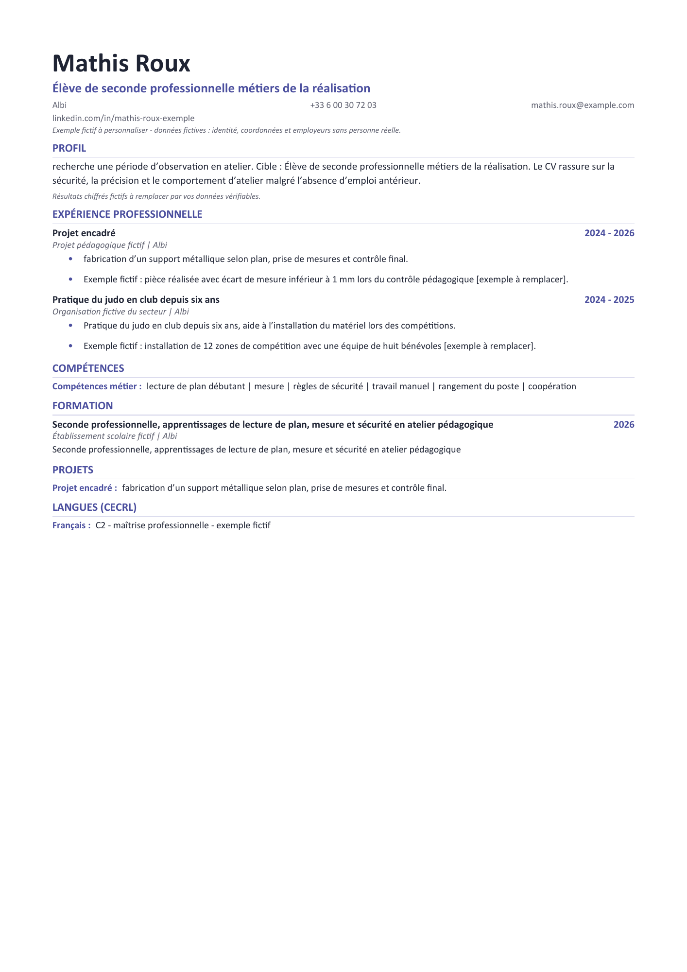 Aperçu — CV lycéen — première candidature en atelier