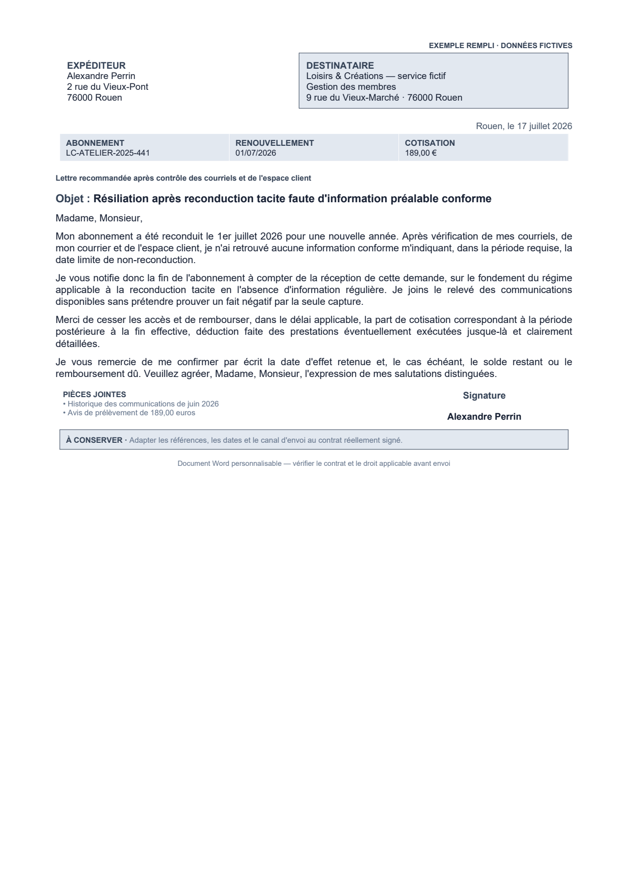 Aperçu — Résiliation après reconduction sans information conforme