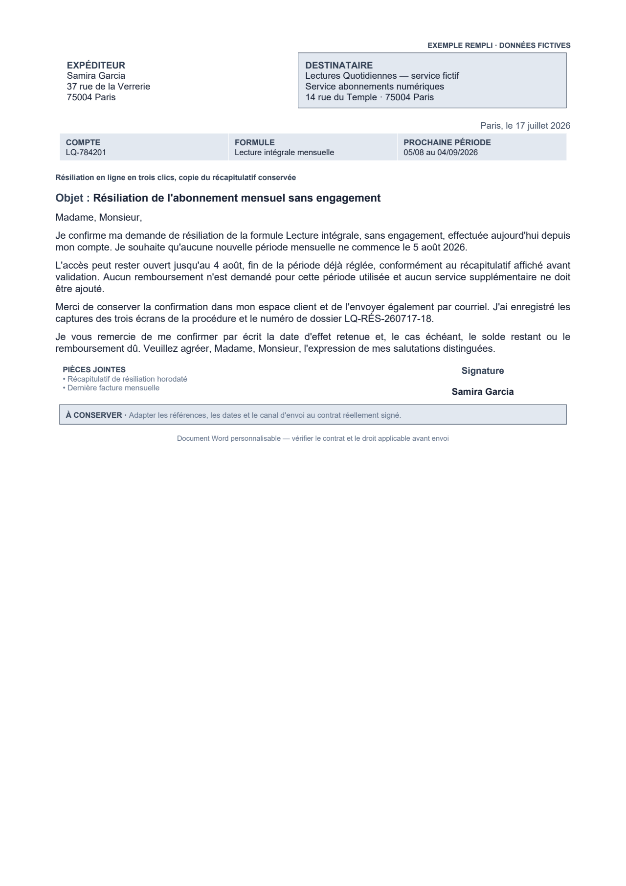 Aperçu — Résiliation d'un abonnement sans engagement