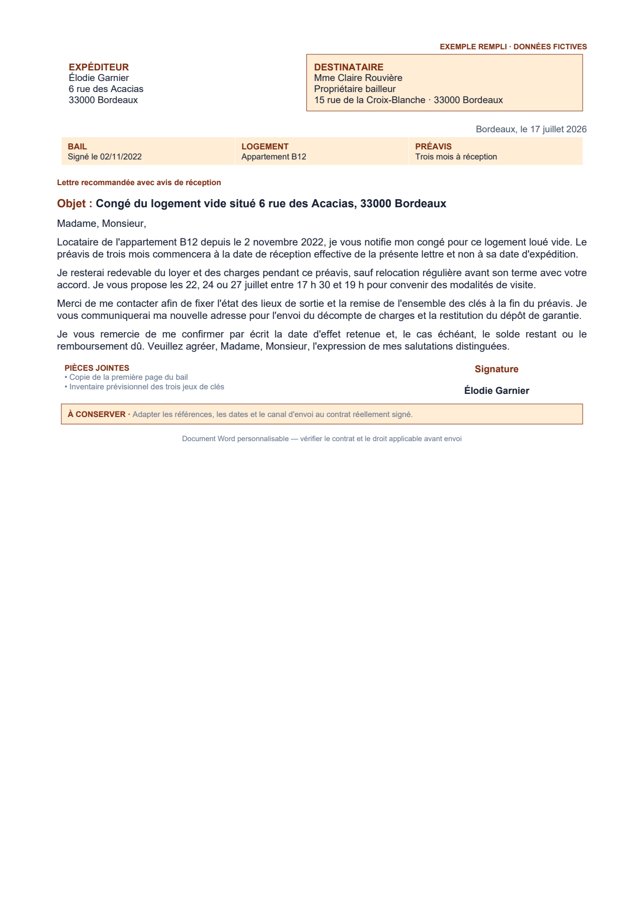 Aperçu — Congé du locataire — logement vide et préavis de trois mois