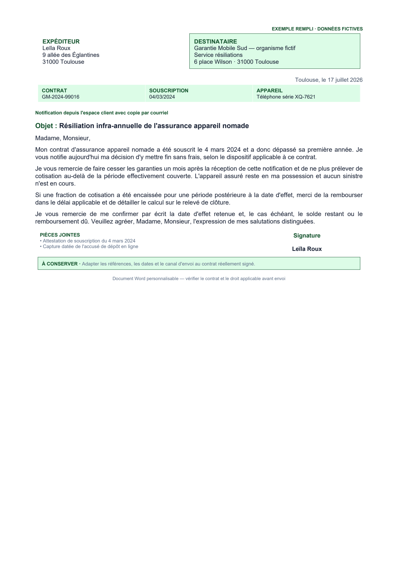 Aperçu — Résiliation d'une assurance après la première année