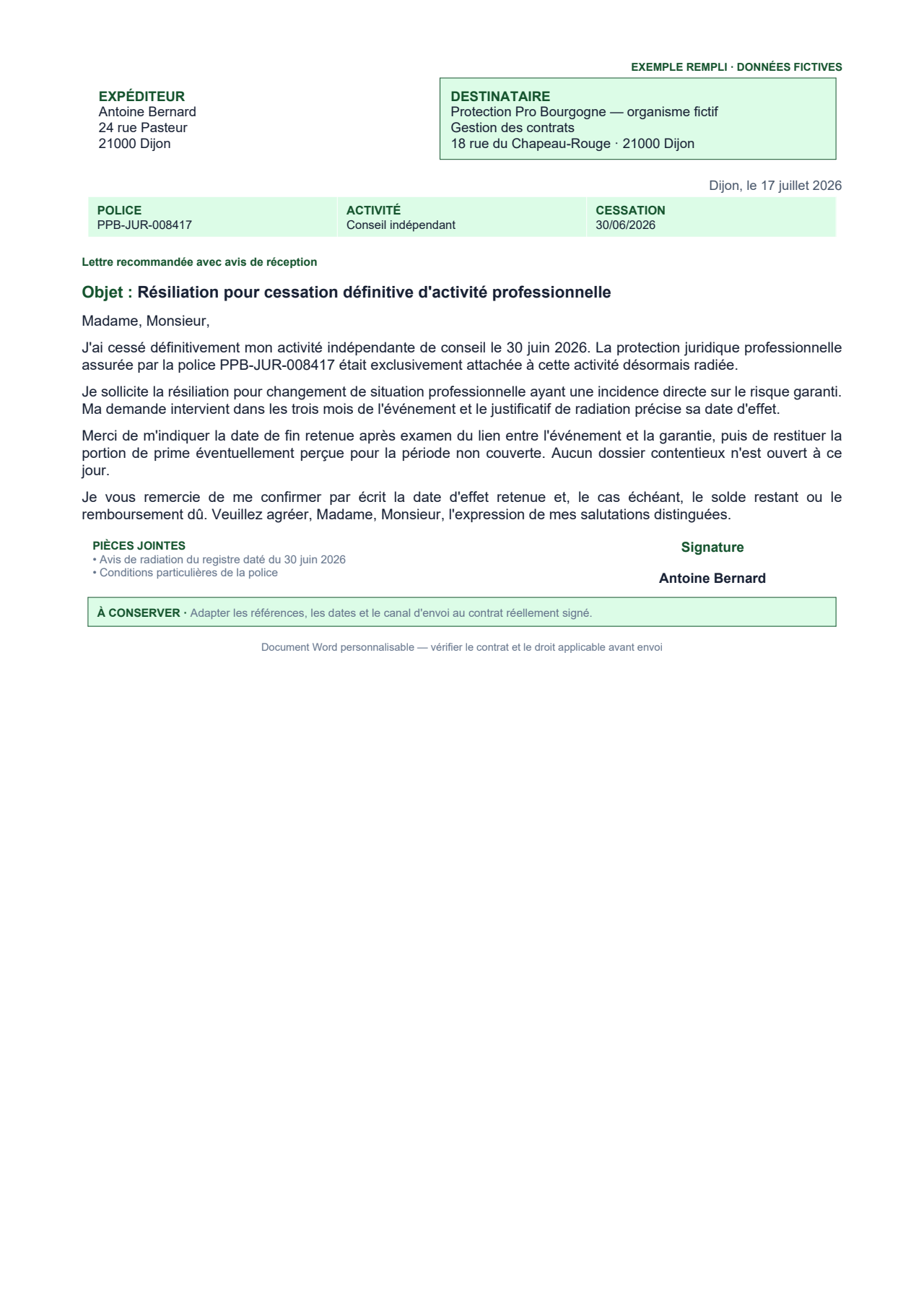 Aperçu — Résiliation d'assurance après cessation d'activité