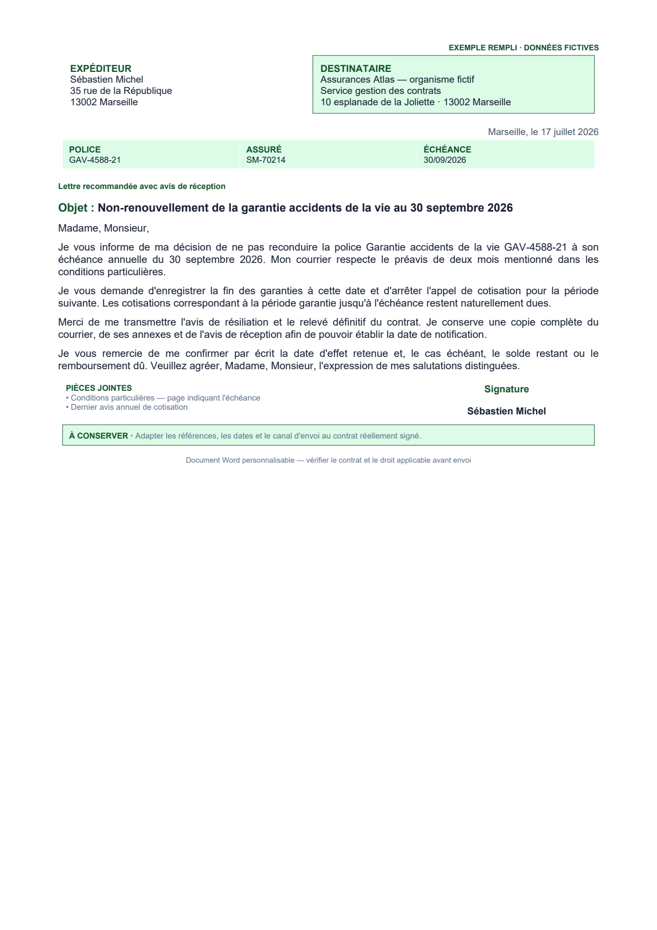 Aperçu — Résiliation d'assurance à l'échéance annuelle