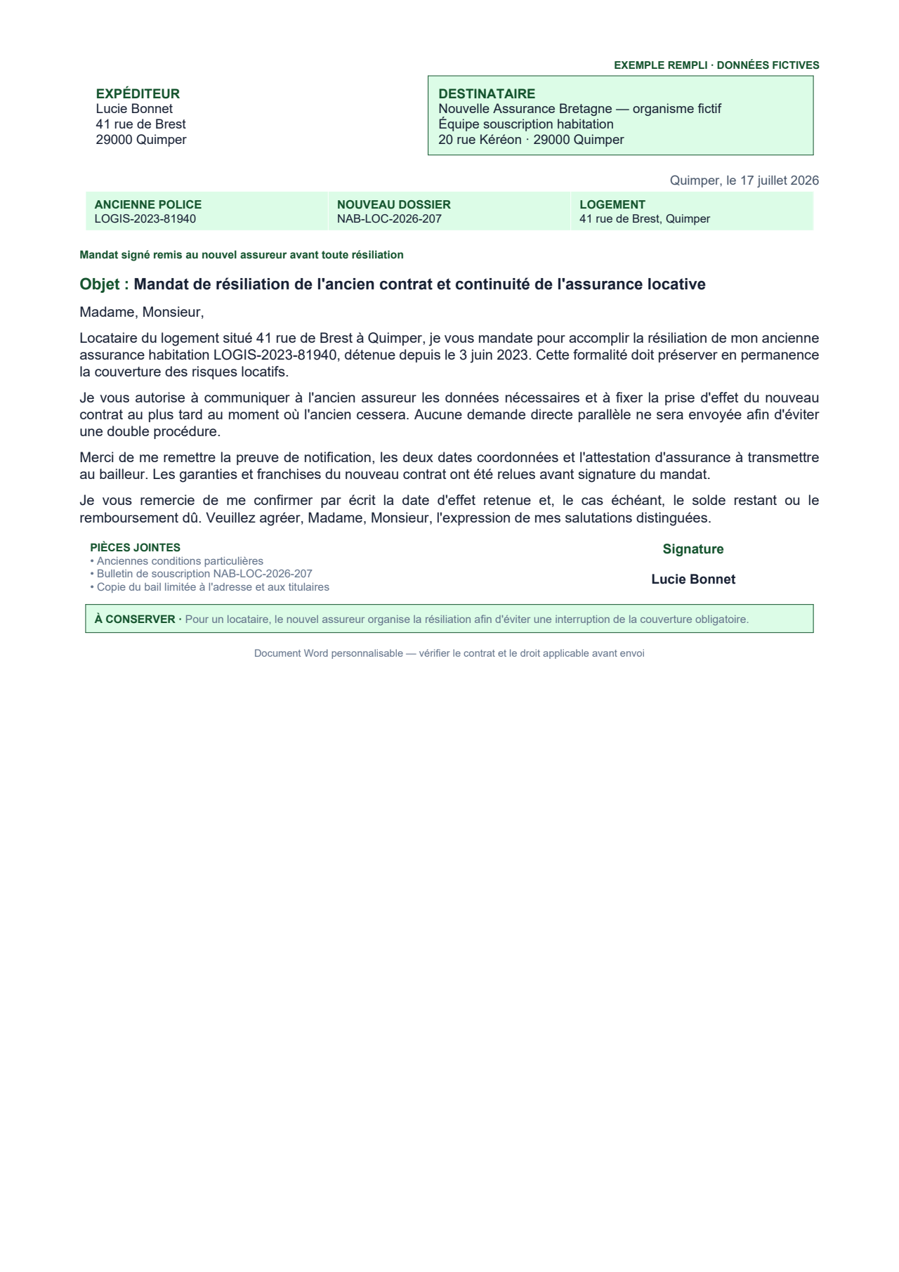 Aperçu — Mandat au nouvel assureur d'un locataire