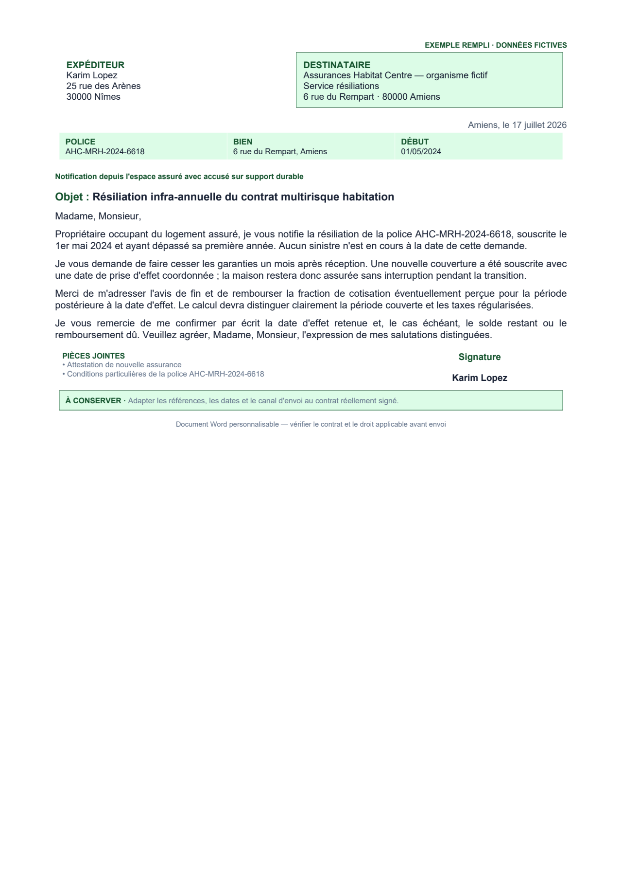 Aperçu — Résiliation habitation d'un propriétaire après un an