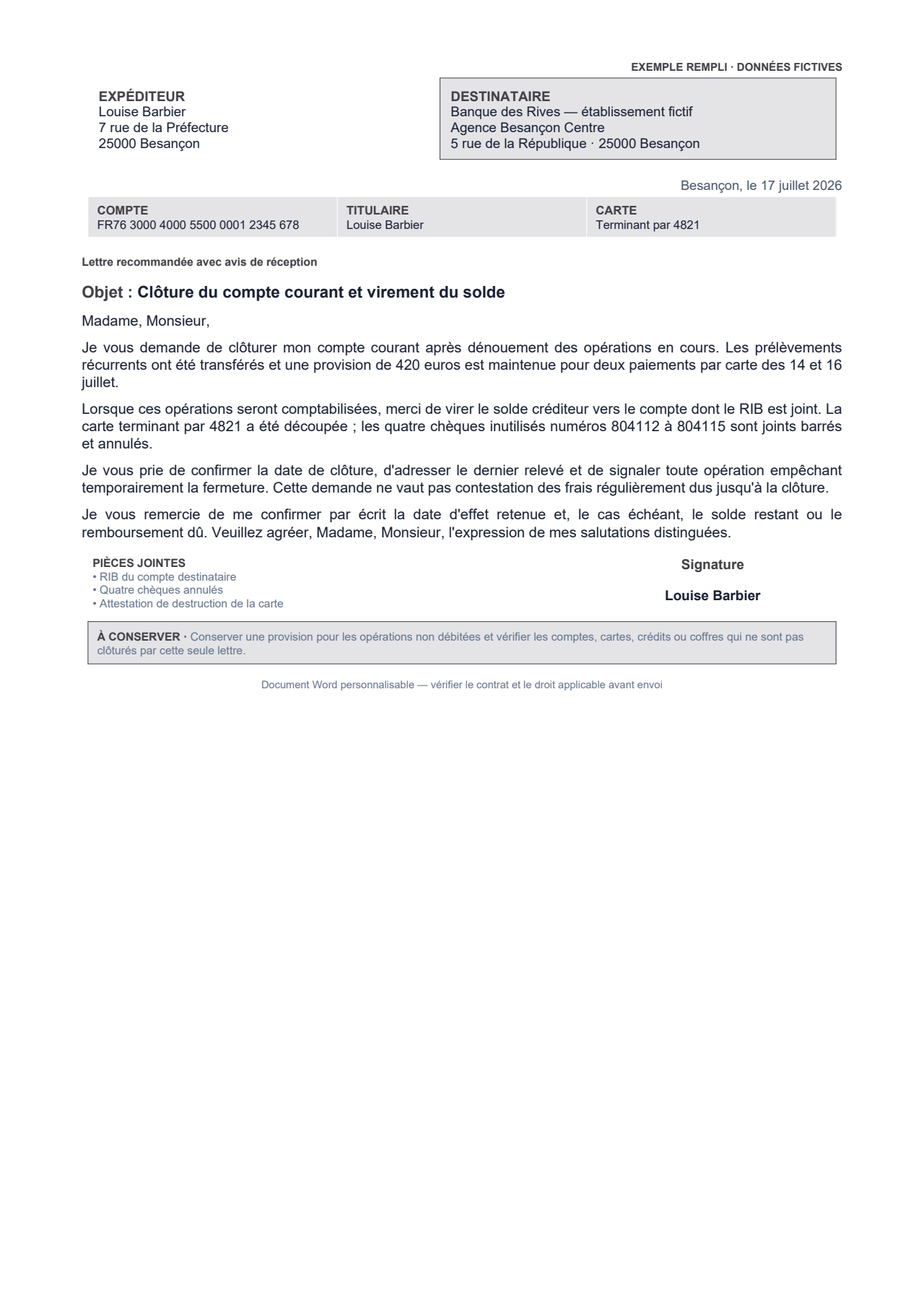 Aperçu — Clôture d'un compte bancaire individuel