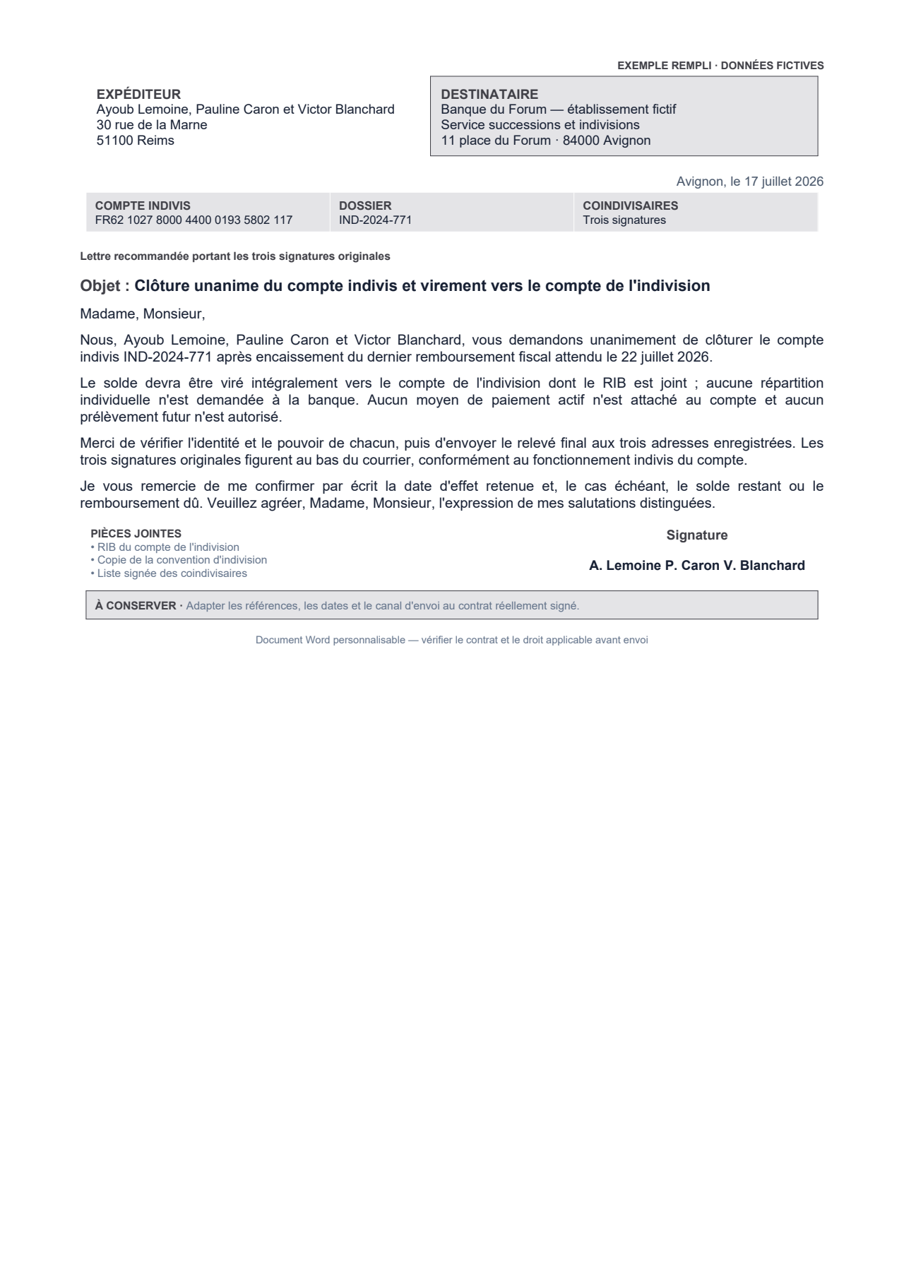 Aperçu — Clôture d'un compte indivis avec accord unanime