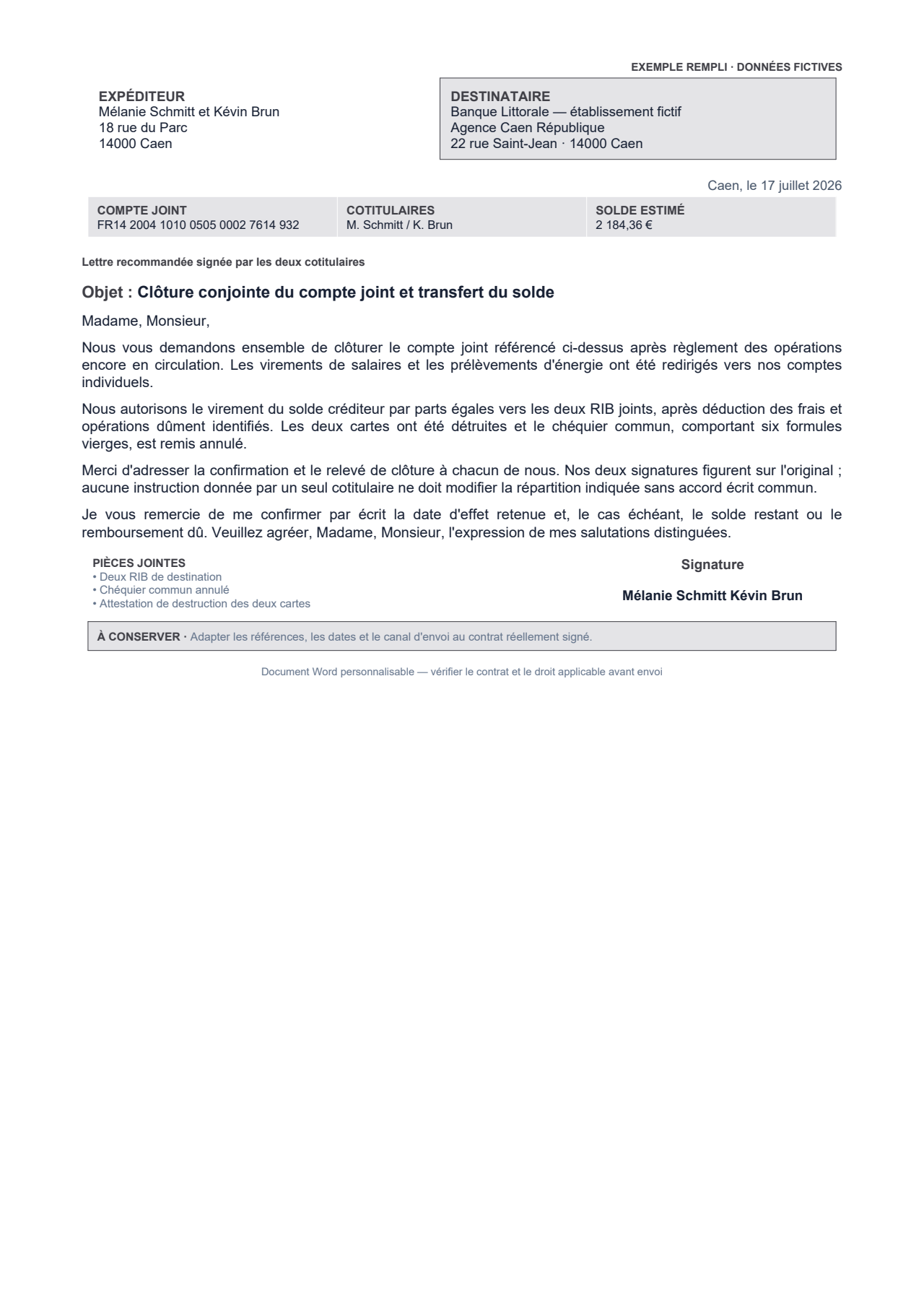 Aperçu — Clôture d'un compte joint signée par les deux titulaires