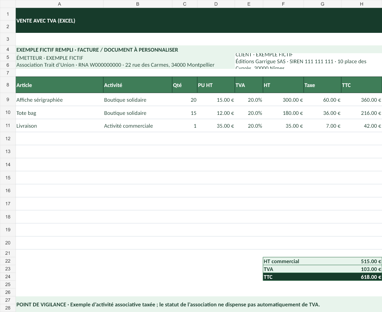 Aperçu — Vente avec TVA (Excel)