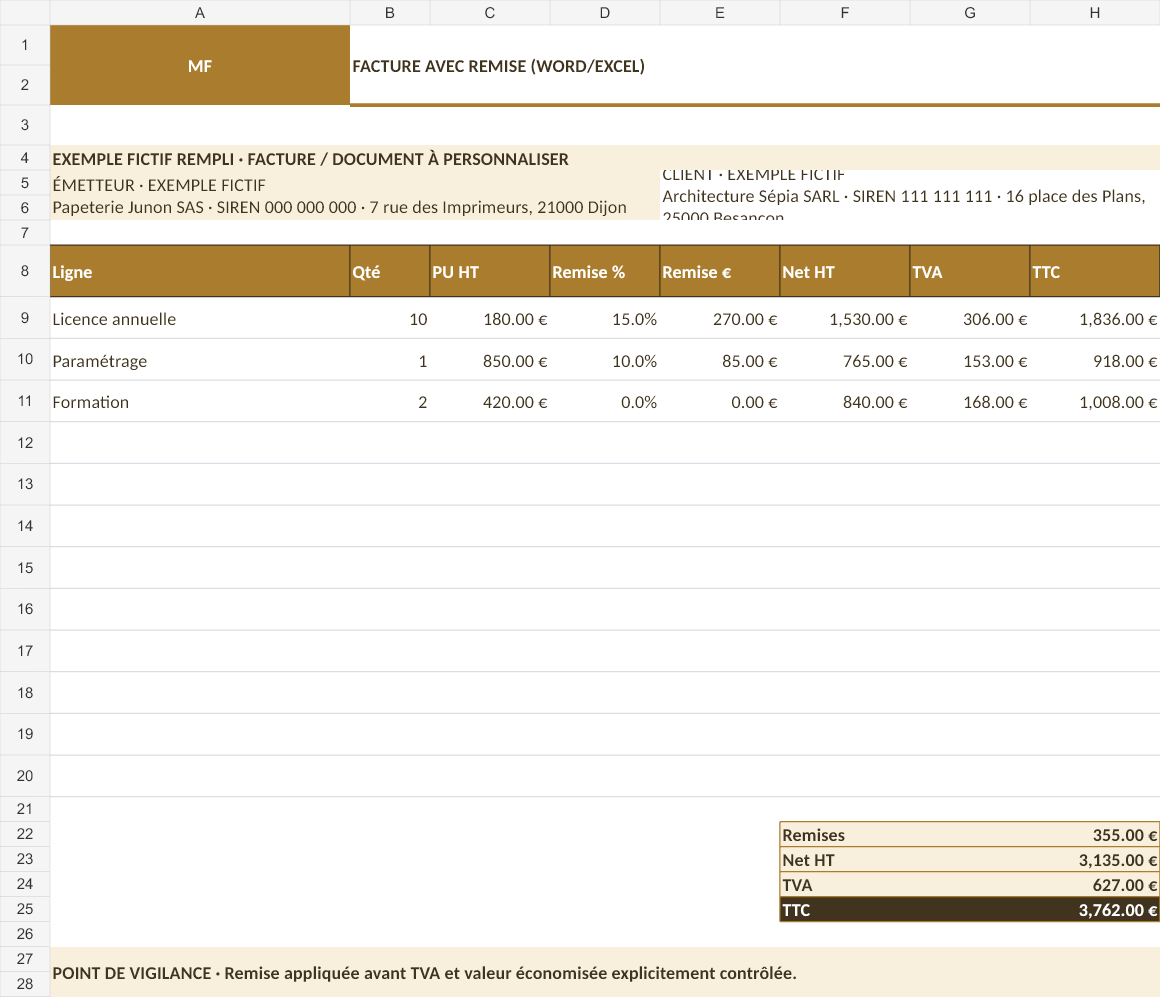 Aperçu — Facture avec remise (Word/Excel)