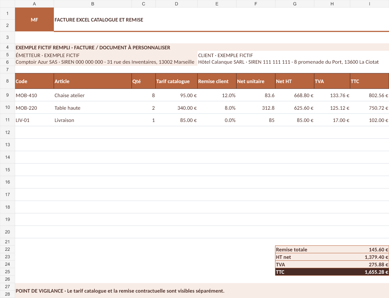 Aperçu — Facture Excel catalogue et remise