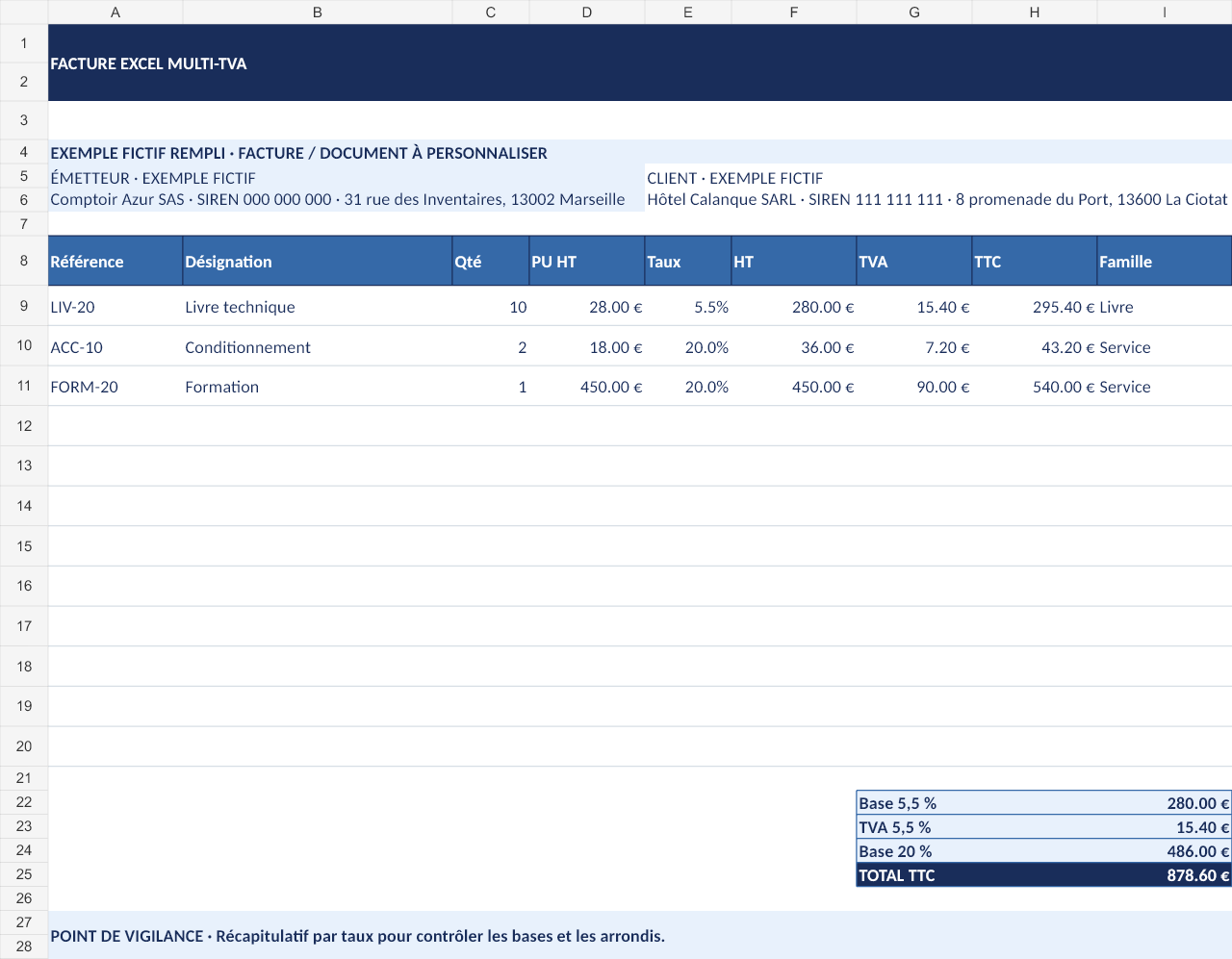 Aperçu — Facture Excel multi-TVA