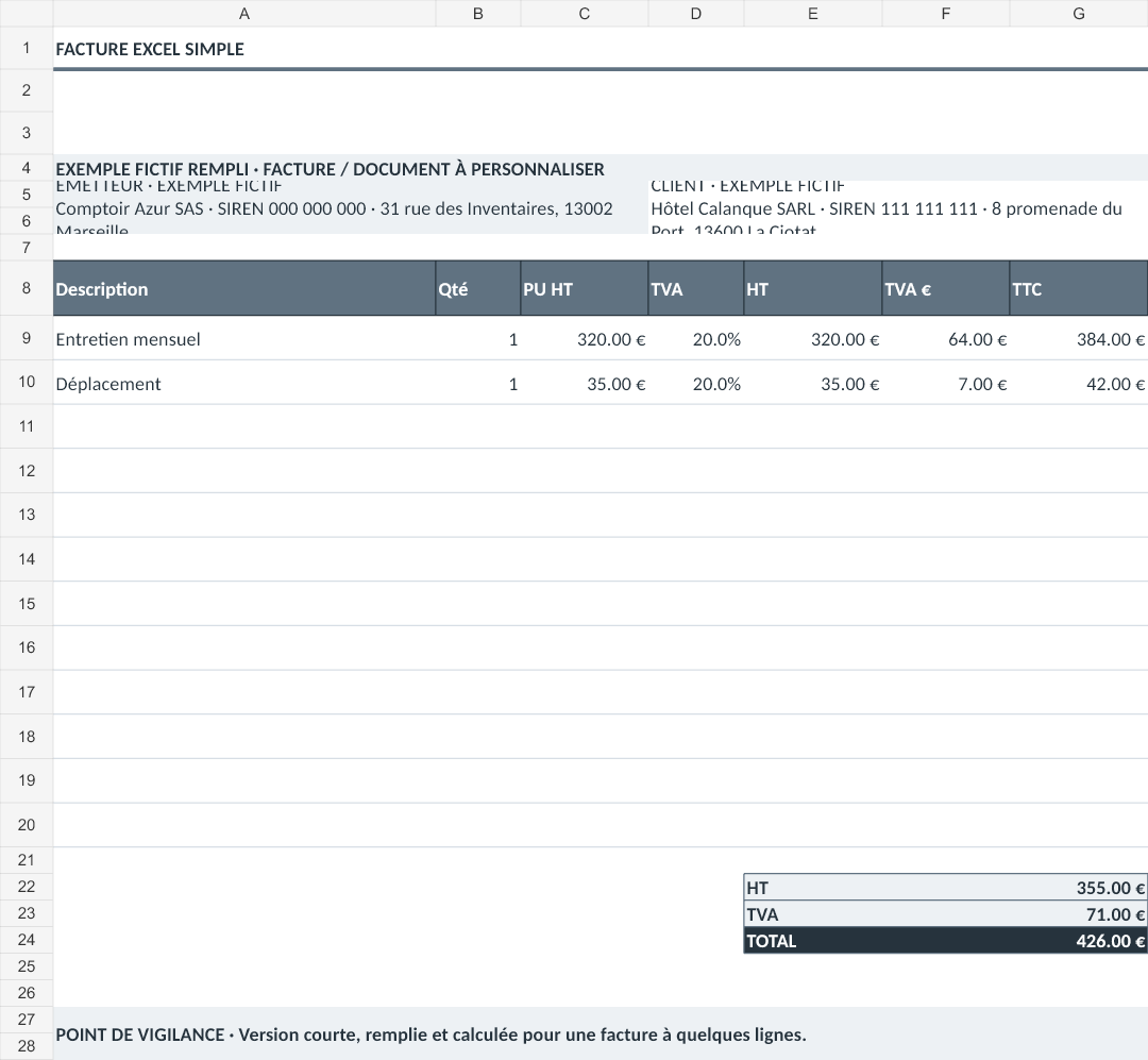Aperçu — Facture Excel simple