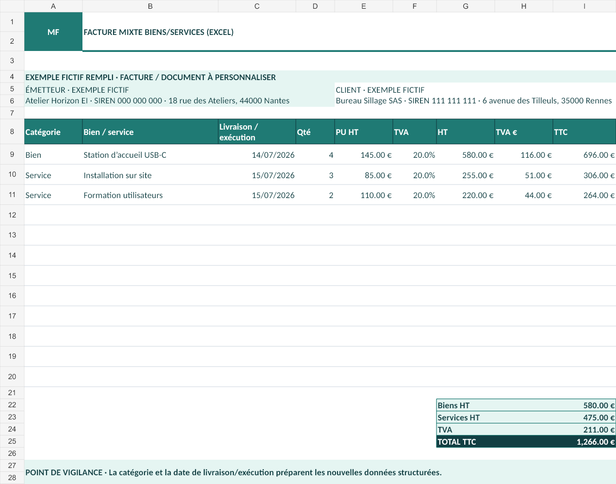Aperçu — Facture mixte biens/services (Excel)