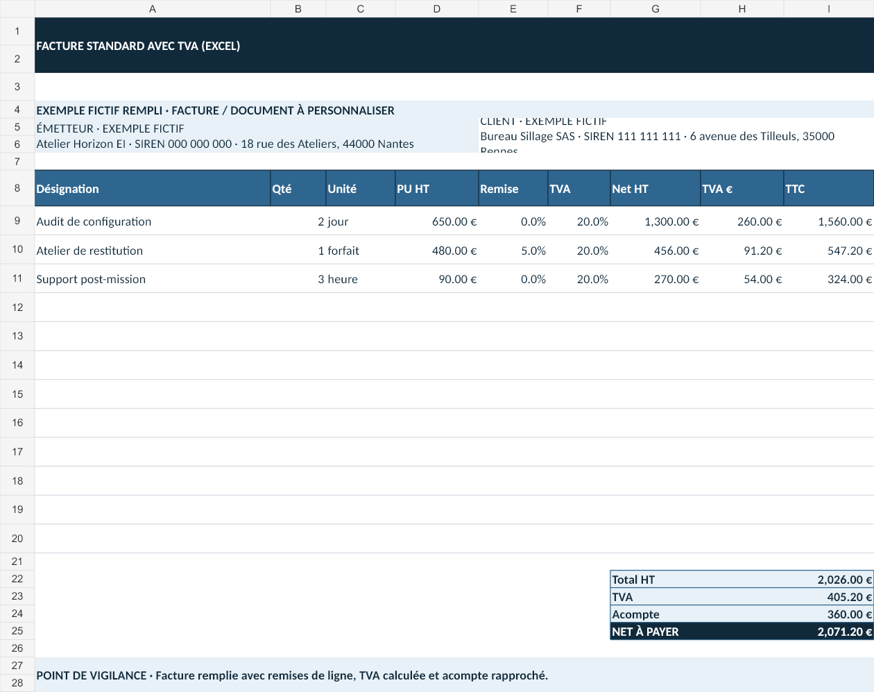 Aperçu — Facture standard avec TVA (Excel)