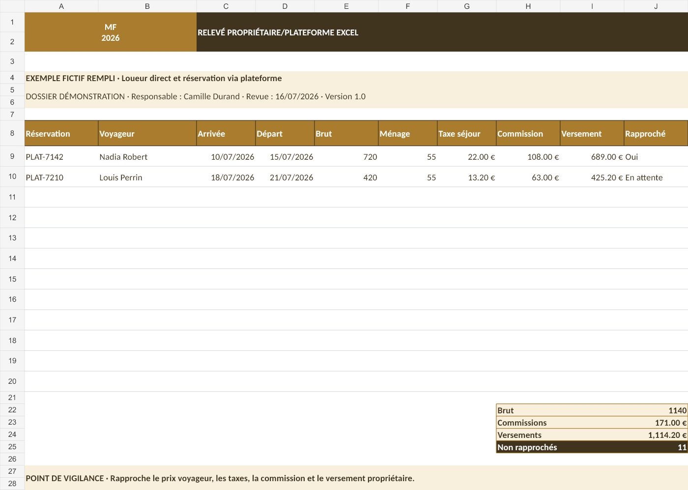 Aperçu — Relevé propriétaire/plateforme Excel