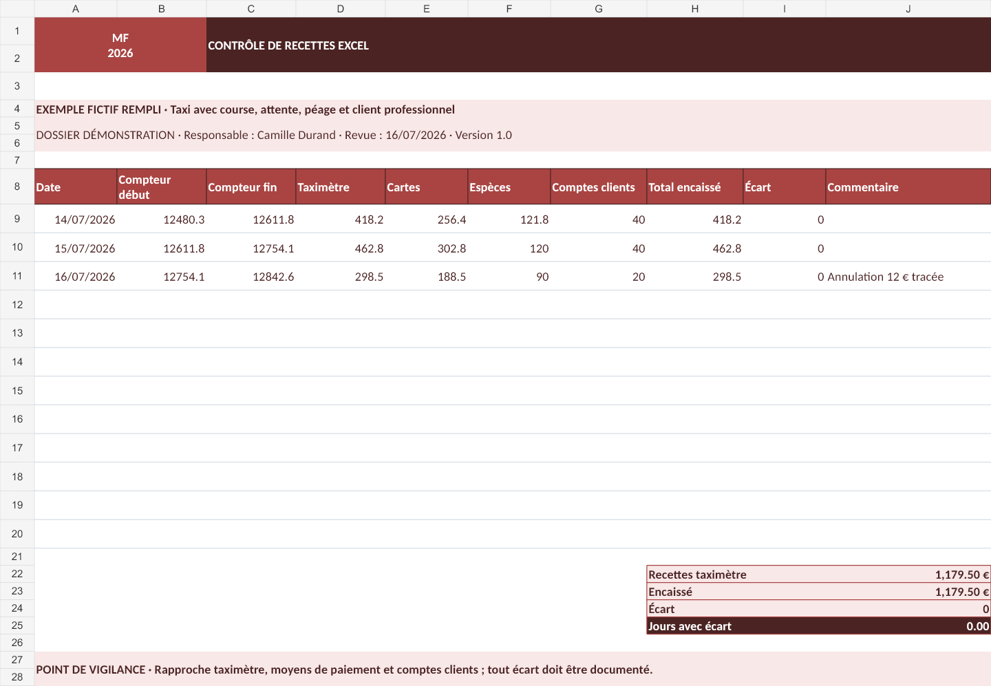 Aperçu — Contrôle de recettes Excel
