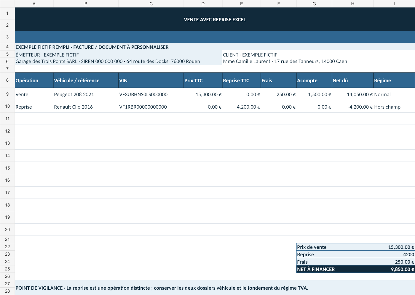 Aperçu — Vente avec reprise Excel
