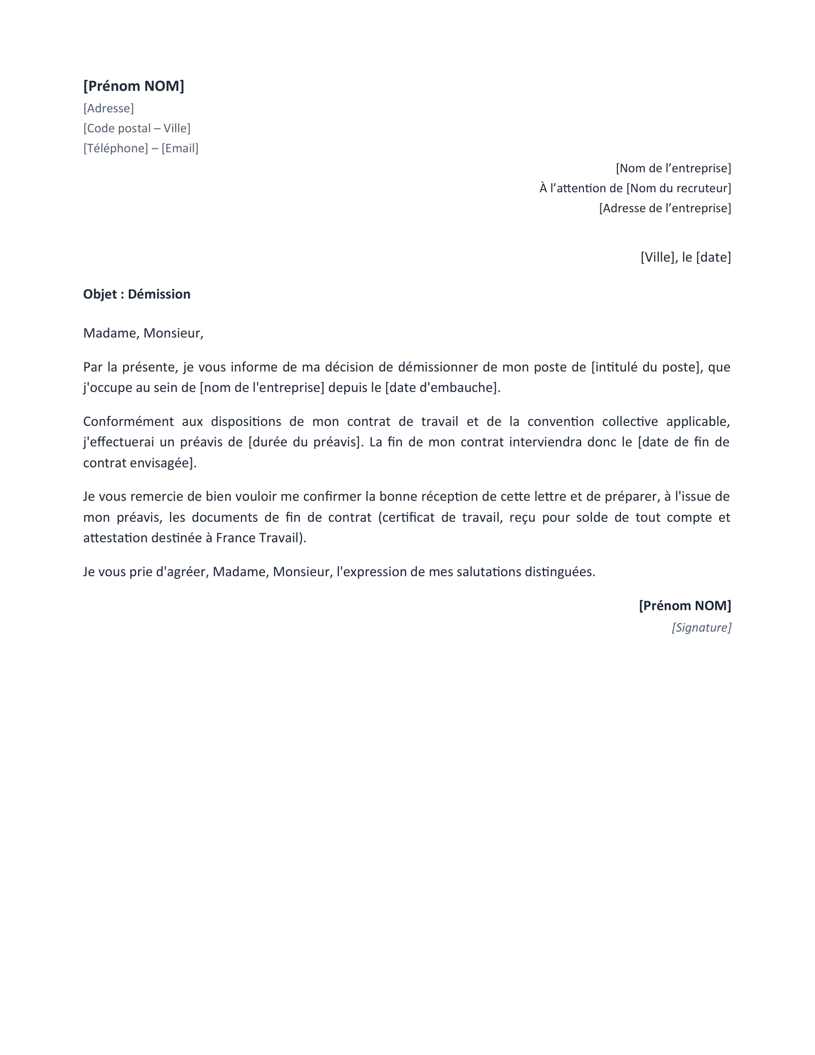 Aperçu — Modèle de lettre de démission (Word)