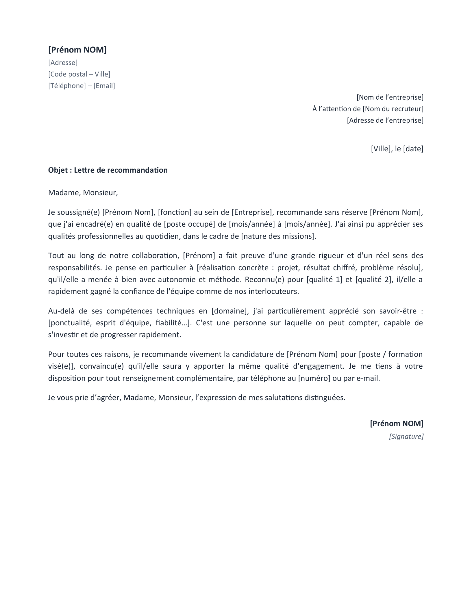 Aperçu — Modèle de lettre de recommandation (Word)