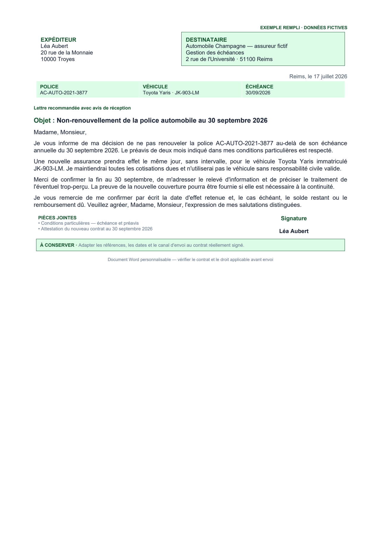Aperçu — Non-renouvellement automobile à l'échéance