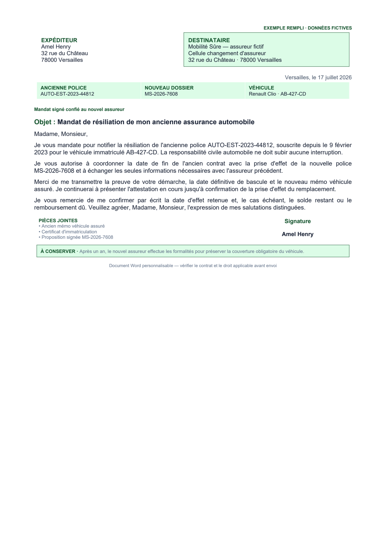 Aperçu — Mandat au nouvel assureur automobile après un an