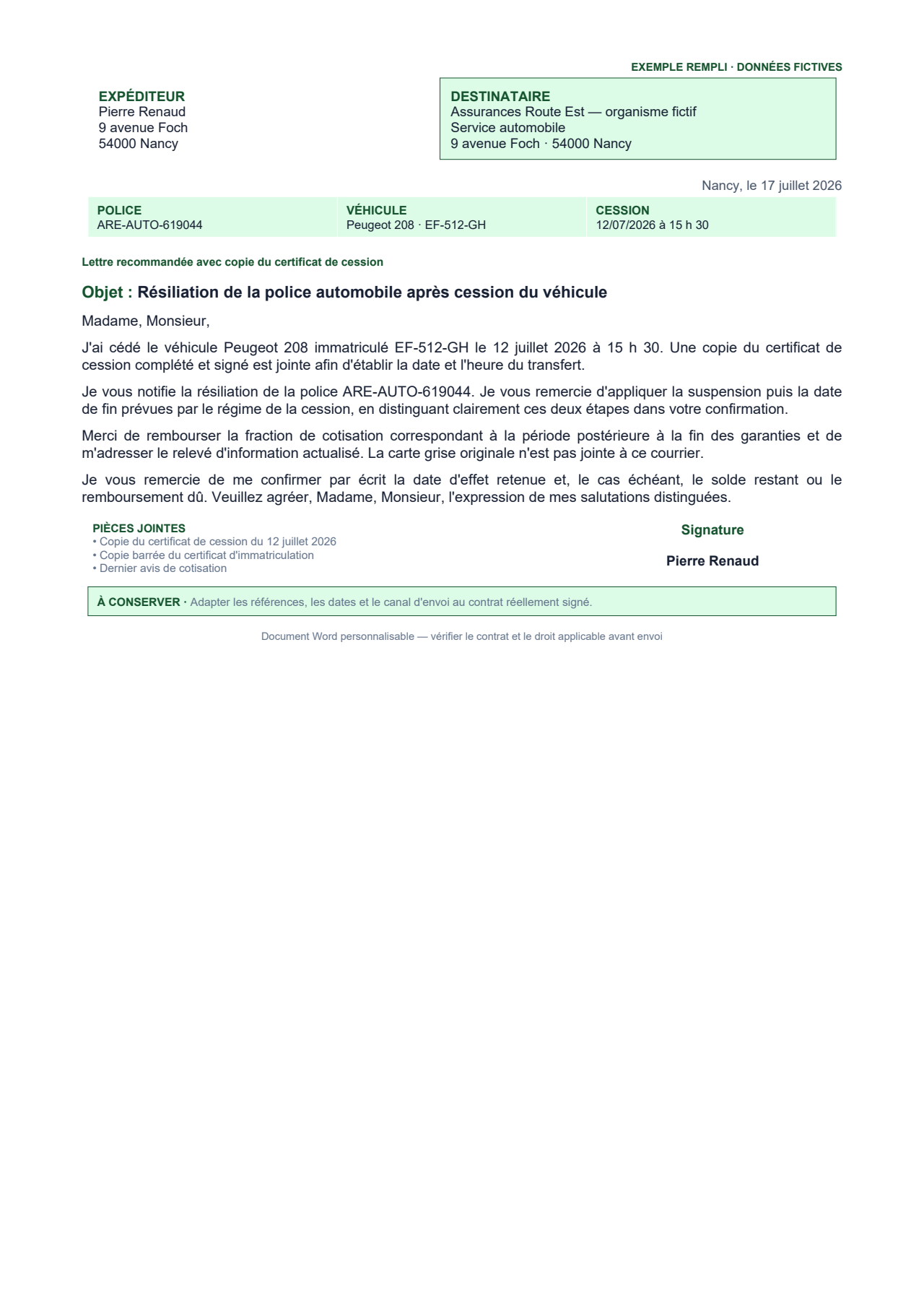 Aperçu — Résiliation automobile après vente du véhicule