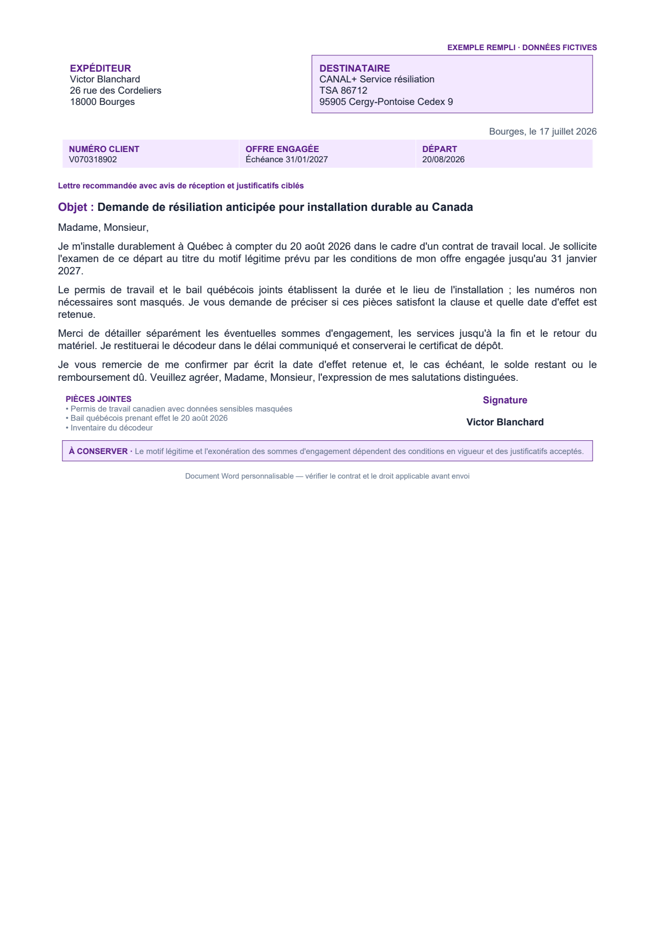 Aperçu — Demande CANAL+ pour motif légitime pendant l'engagement
