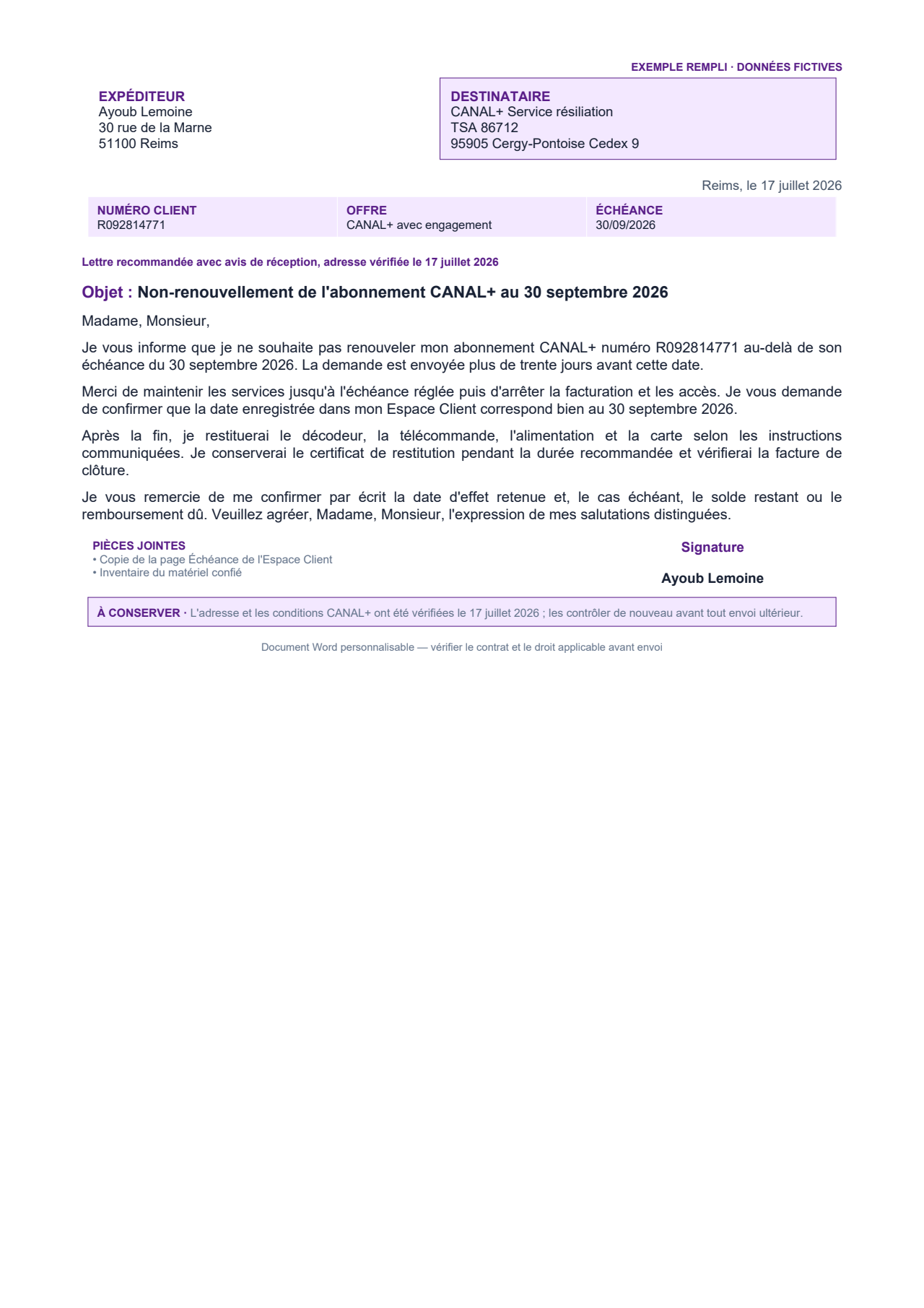 Aperçu — Résiliation CANAL+ d'une offre avec engagement
