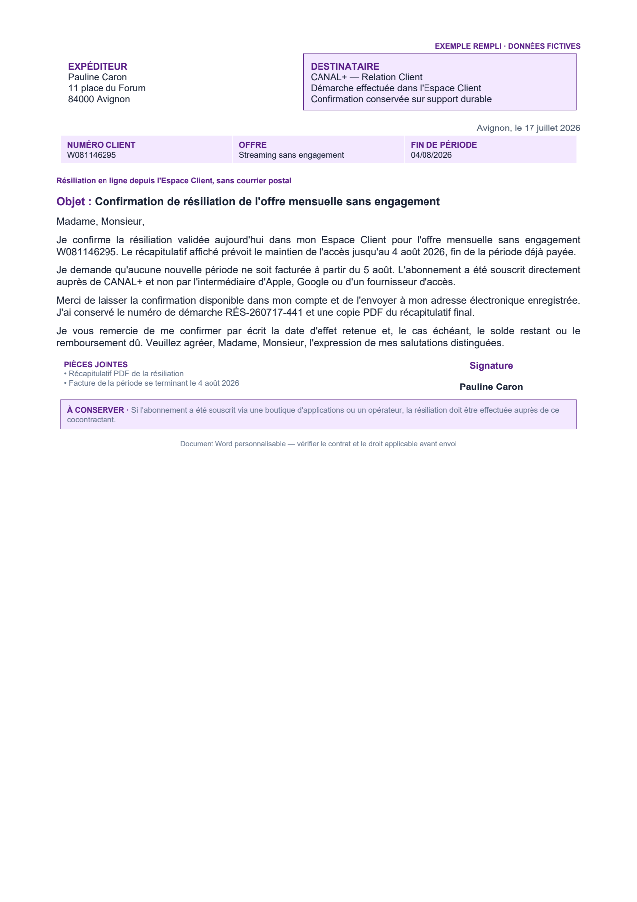 Aperçu — Confirmation d'une résiliation CANAL+ sans engagement