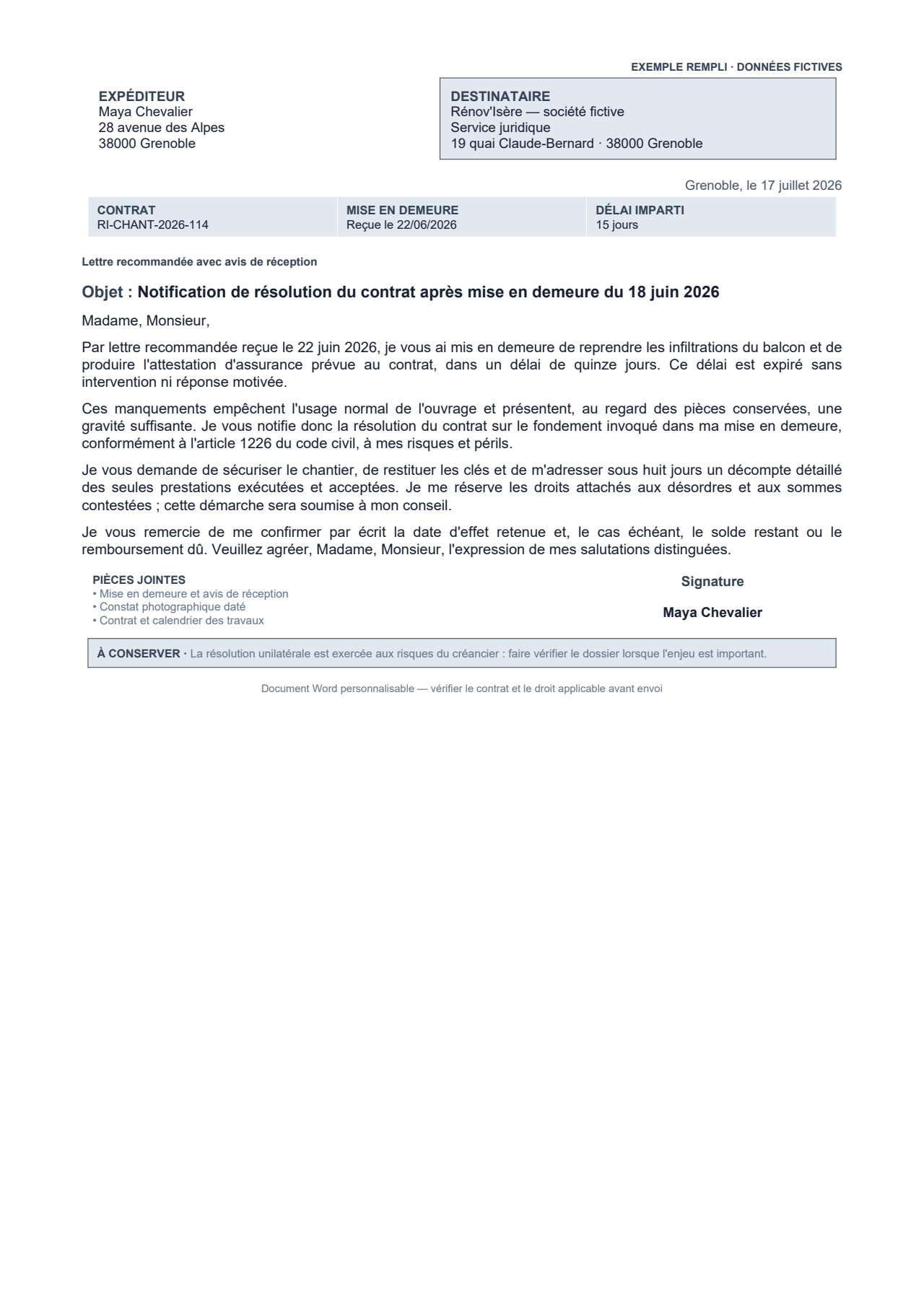 Aperçu — Notification de résolution après mise en demeure infructueuse