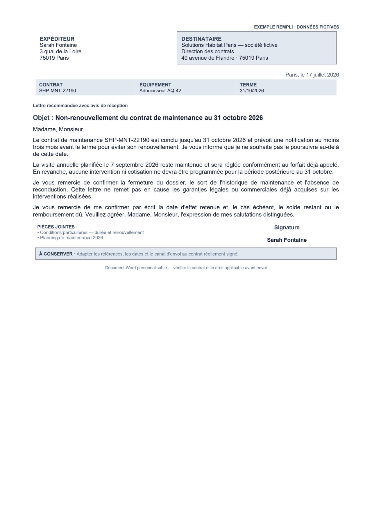 Aperçu — Non-renouvellement d'un contrat de maintenance à terme