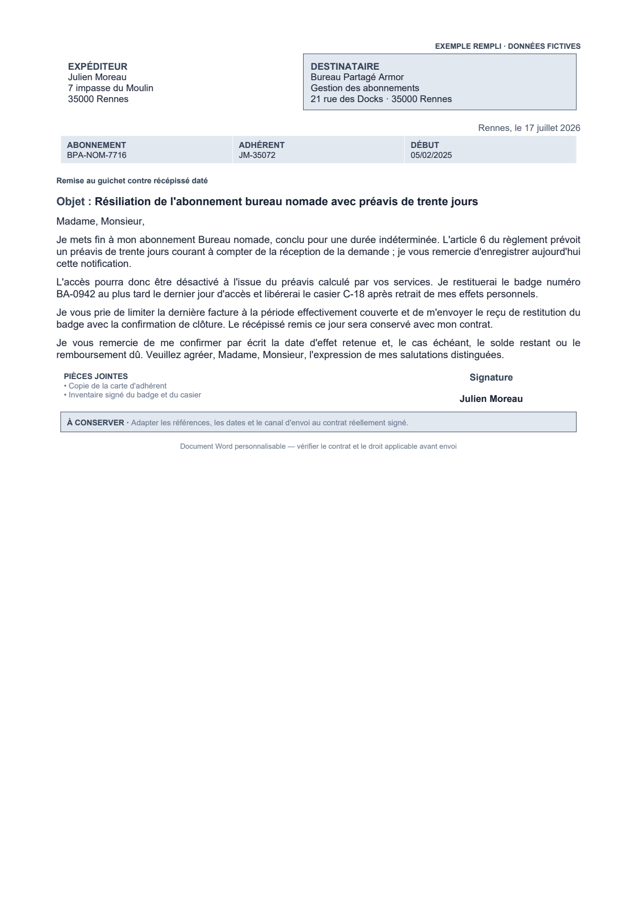 Aperçu — Lettre de résiliation d'un contrat à durée indéterminée