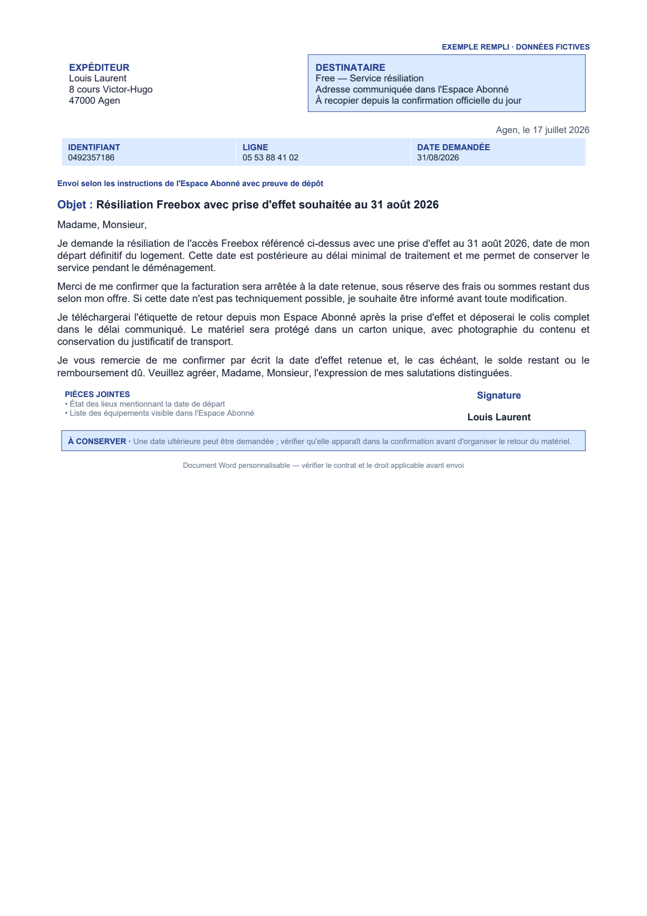 Aperçu — Résiliation Freebox à une date ultérieure choisie