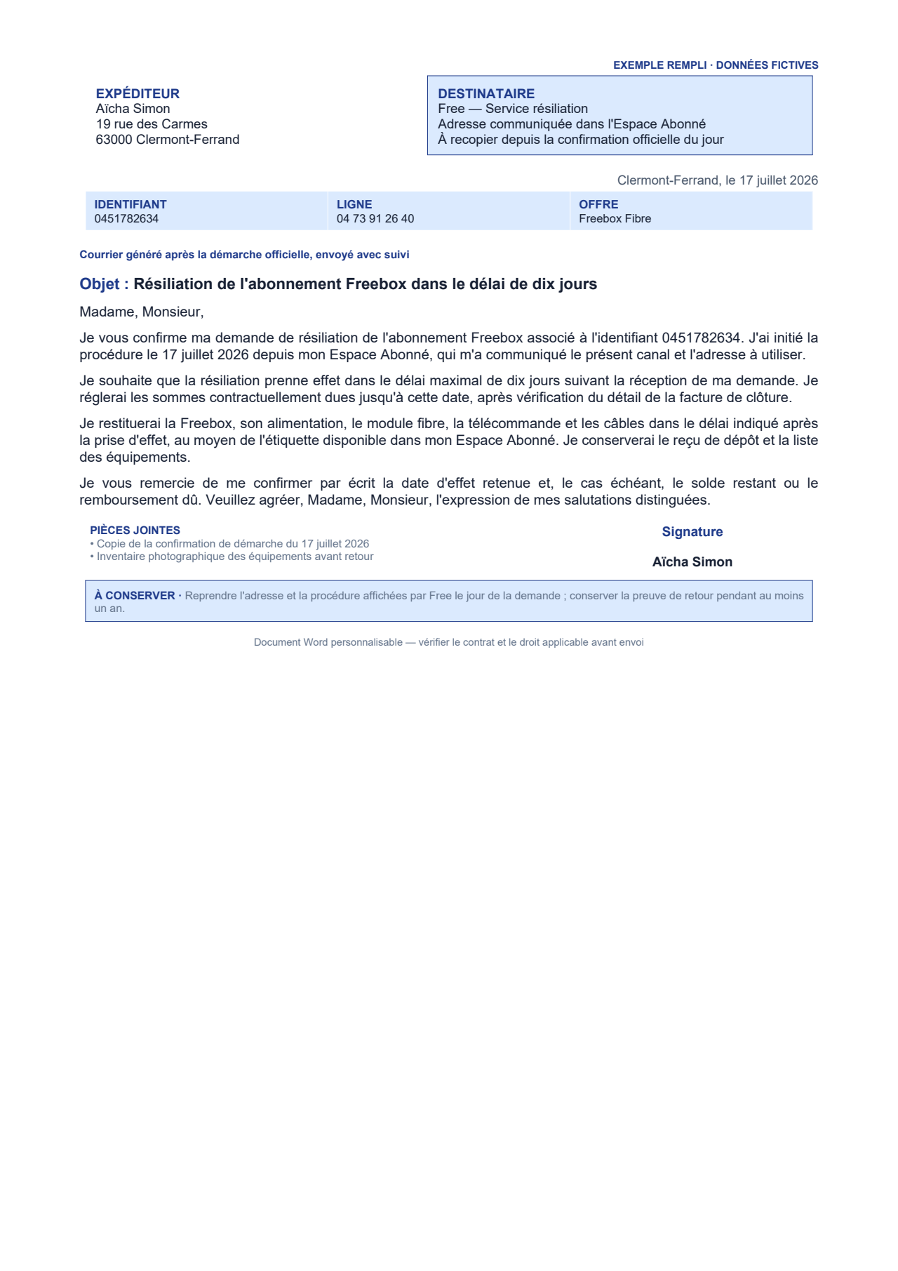 Aperçu — Résiliation Freebox — prise d'effet sous dix jours