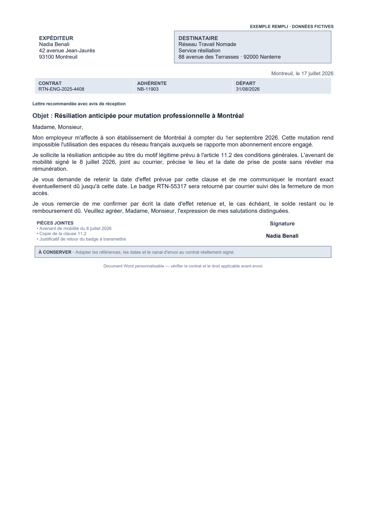 Aperçu — Lettre de résiliation pour motif légitime documenté
