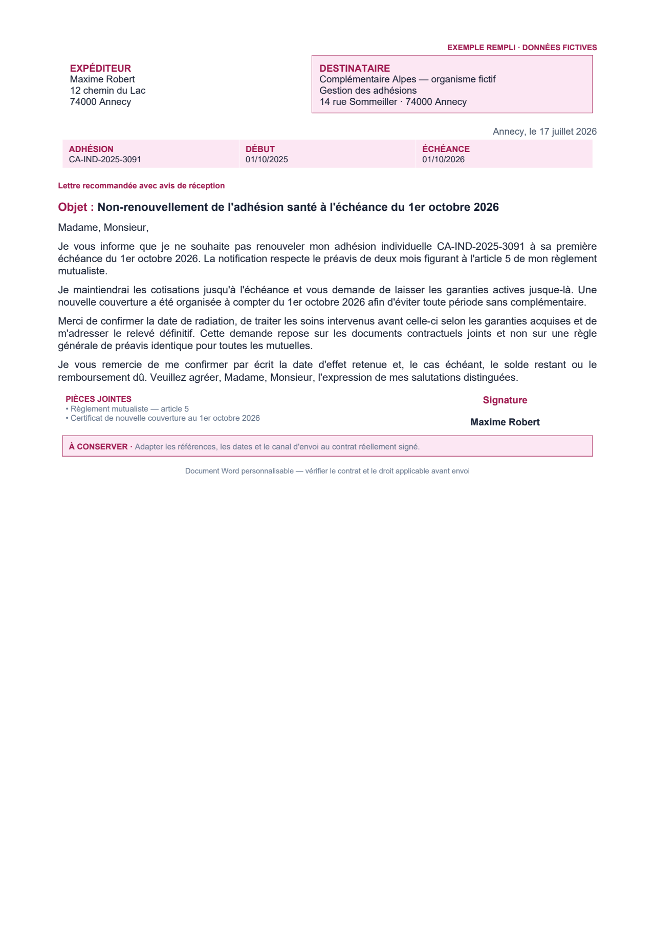 Aperçu — Non-renouvellement d'une mutuelle à la première échéance