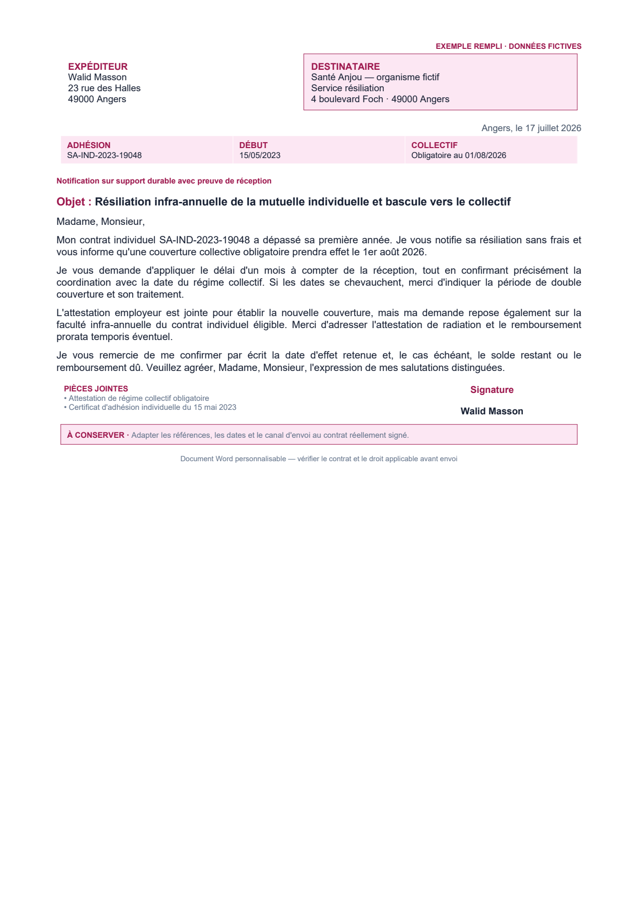 Aperçu — Résiliation après un an avec justificatif d'entreprise