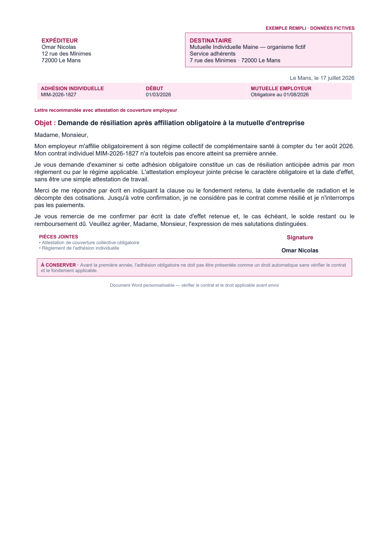 Aperçu — Demande de résiliation avant un an pour adhésion obligatoire