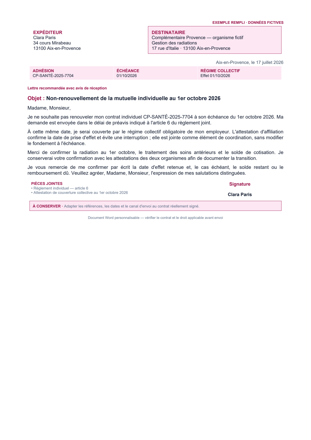 Aperçu — Non-renouvellement à l'échéance pour mutuelle d'entreprise