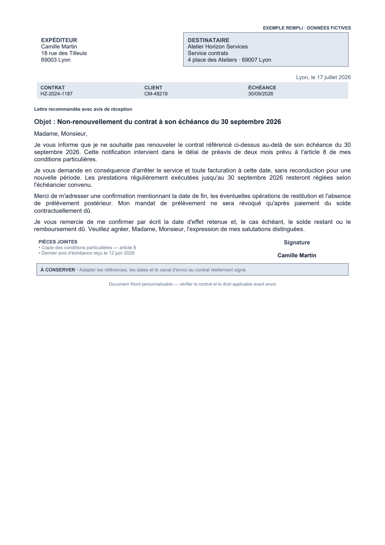 Aperçu — Lettre de non-renouvellement à l'échéance