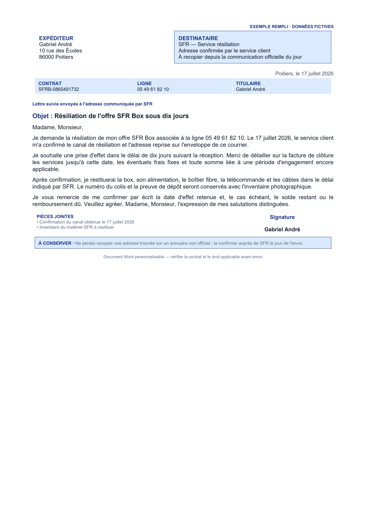 Aperçu — Résiliation SFR Box — demande standard