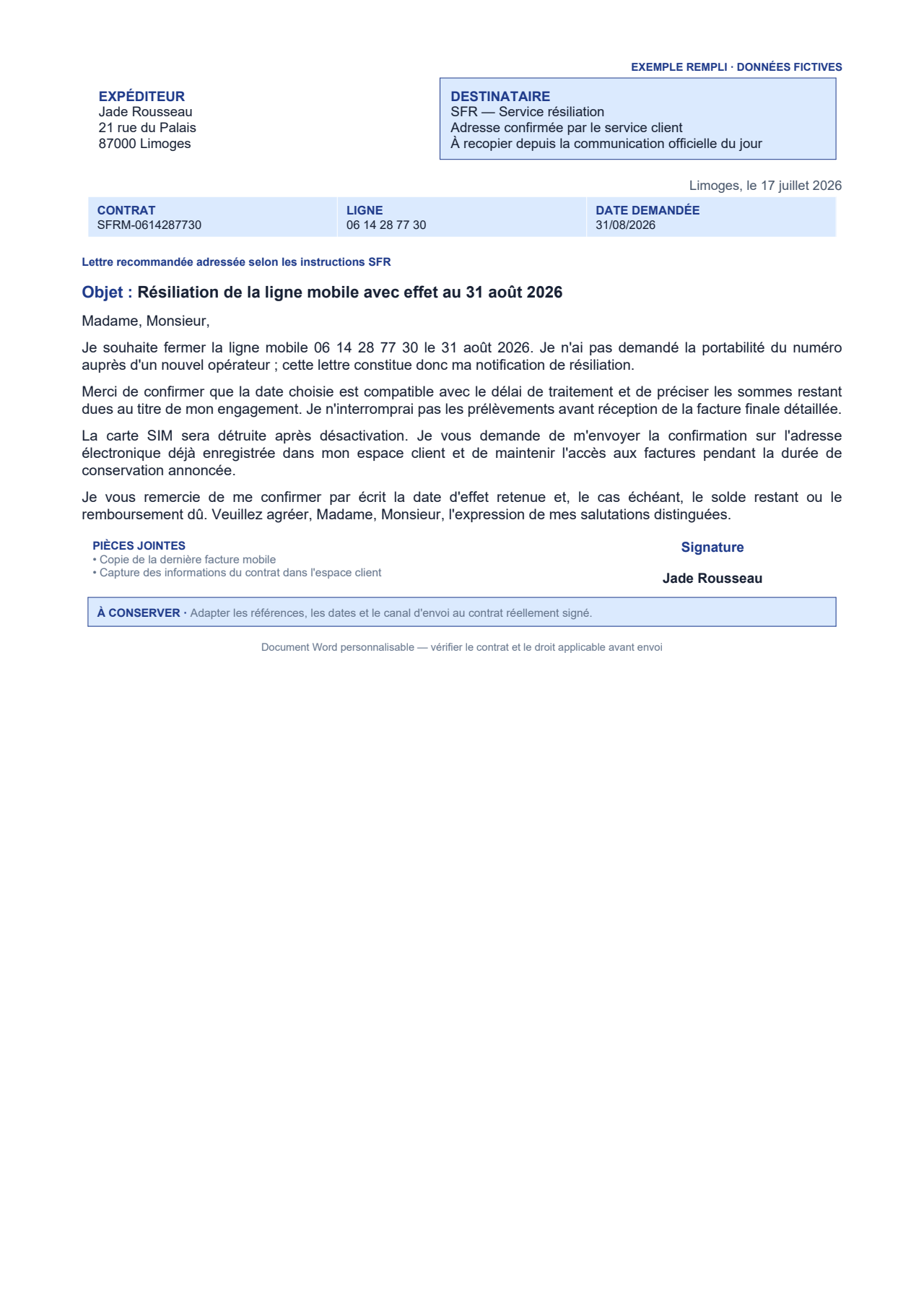 Aperçu — Résiliation SFR Mobile à une date choisie